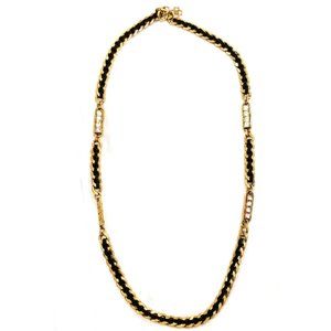 Vintage Gold & Black Leather Chain Necklace with Crystal Bars